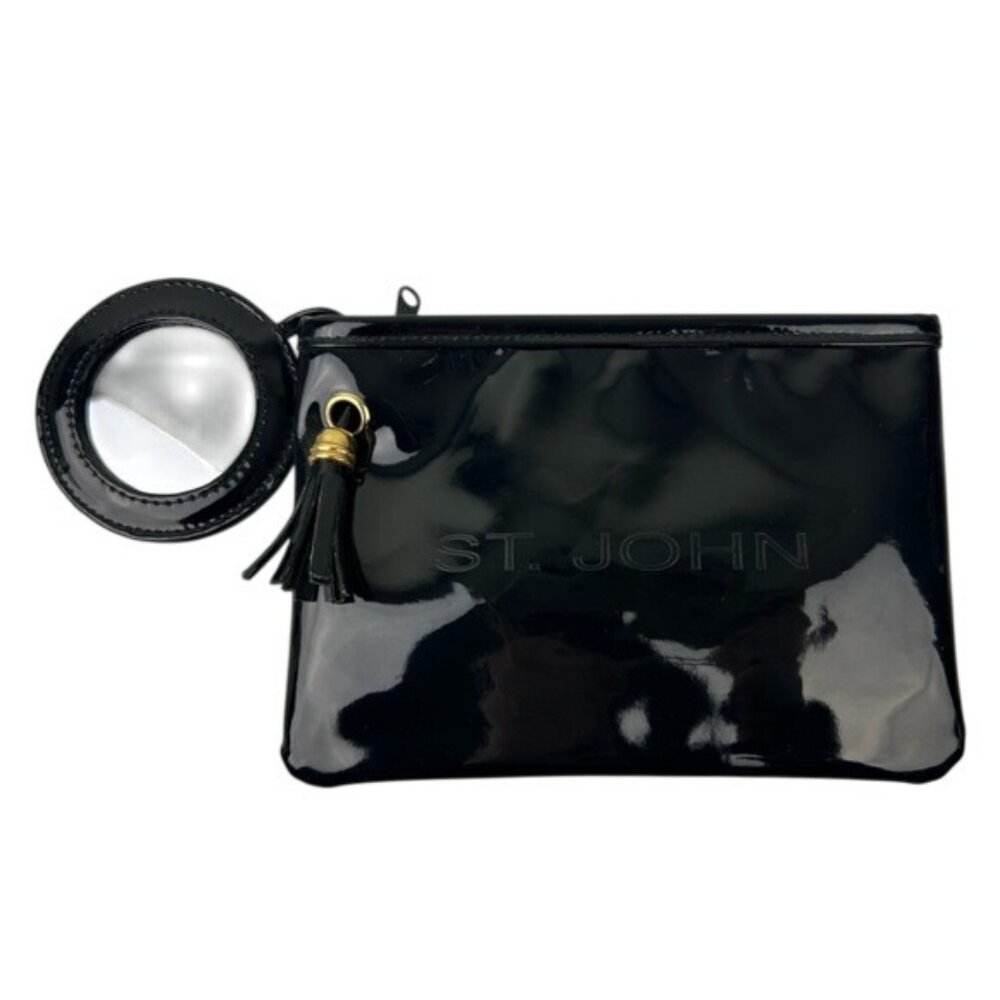 St. John Black PVC Zippered Clutch with Mirror Makeup Pouch Shiny Logo